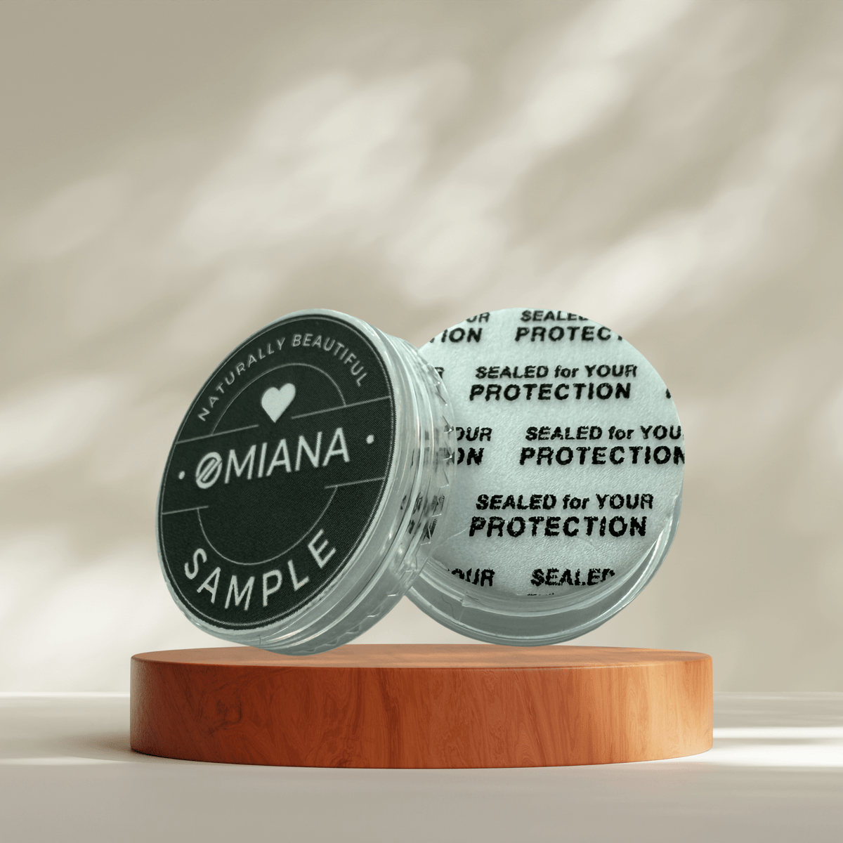 Omiana makeup sample container (with protection seal) for shade matching and ingredients sensitivity testing before purchasing full size.