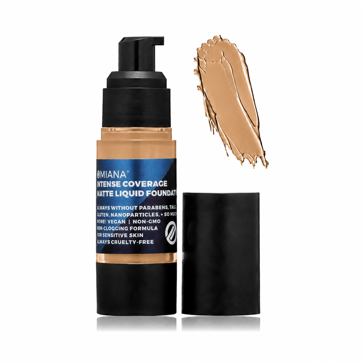 Omiana Intense Coverage Liquid Foundation in Caramel, a medium rich warm-neutral shade.